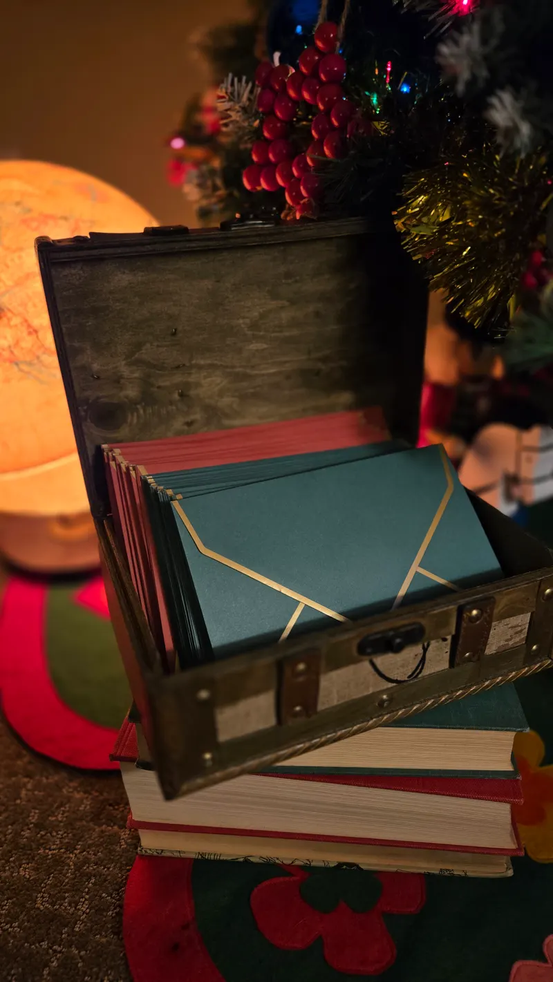 An old wooden chest full of green and red envelopes