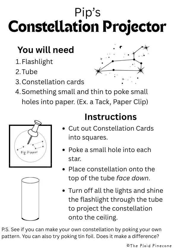 Instructions for Pip's constellation projector: flashlight, tube and constellation cards