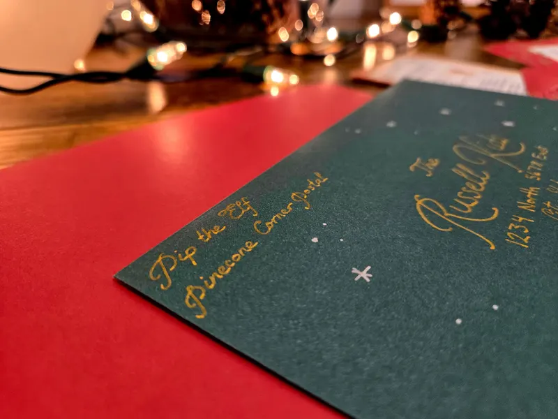Envelope with a gold return address from Pip the Elf