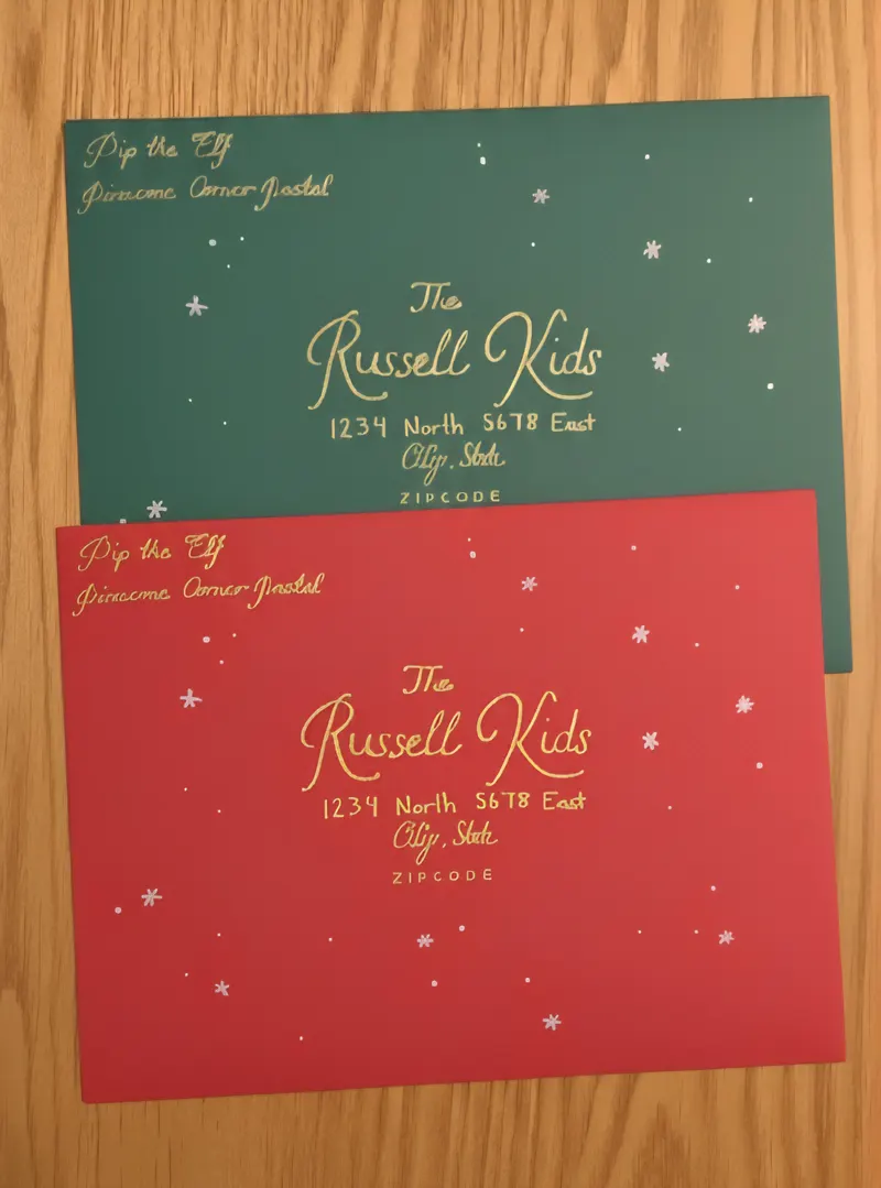 Green and red envelopes hand-lettered in gold to The Russell Kids