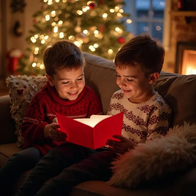 Two children smiling as they read a glowing letter by the Christmas tree