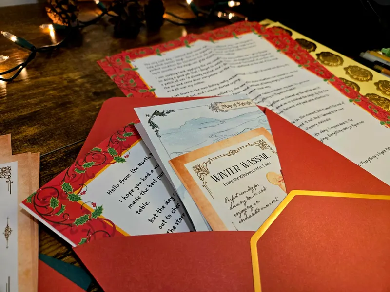 An opened red envelope with a letter from Pip, a map of Kringle Village and a Winter Wassail recipe card