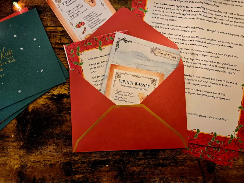 Letter pages, a map and a recipe spilling out of a red envelope